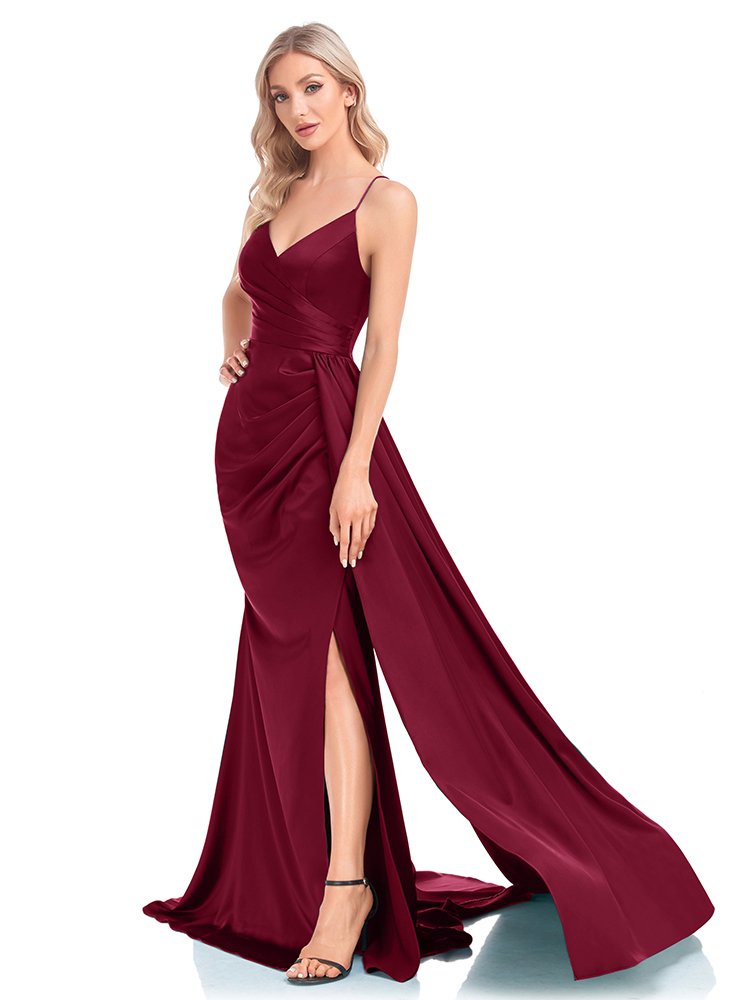 Navy Blue Women’s Party Maxi Dress – Soft Satin V-Neck with Slit for Elegant Evenings