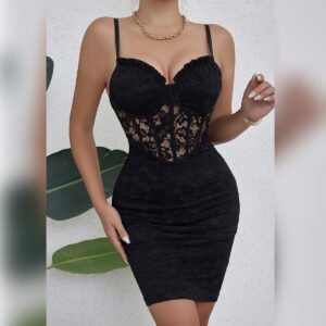 Black Sleeveless Backless Floral Lace Mesh V-Neck Bodycon Party Dress – Sexy & Elegant