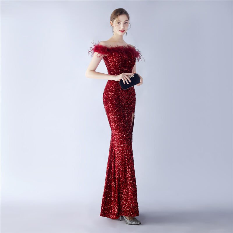 Elegant Evening Party Dress For New Year Luxury Women's Ball Gown Ostrich Feather Maxi Dresses