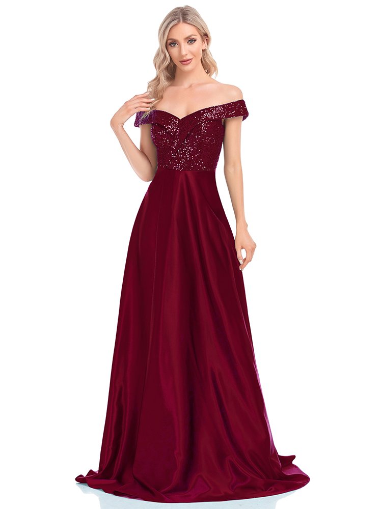 Sequin Royal Off-Shoulder Satin Party Dress – Elegant Prom & Cocktail Gown