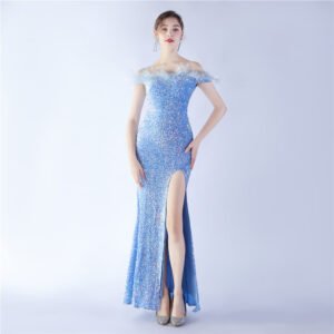 Elegant Evening Party Dress For New Year Luxury Women's Ball Gown Ostrich Feather Maxi Dresses