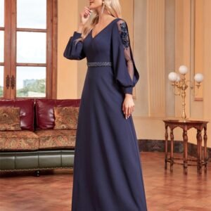 Luxury Long Sleeve Floor-Length Evening Dress – Elegant V-Neck Formal Gown for Prom & Parties