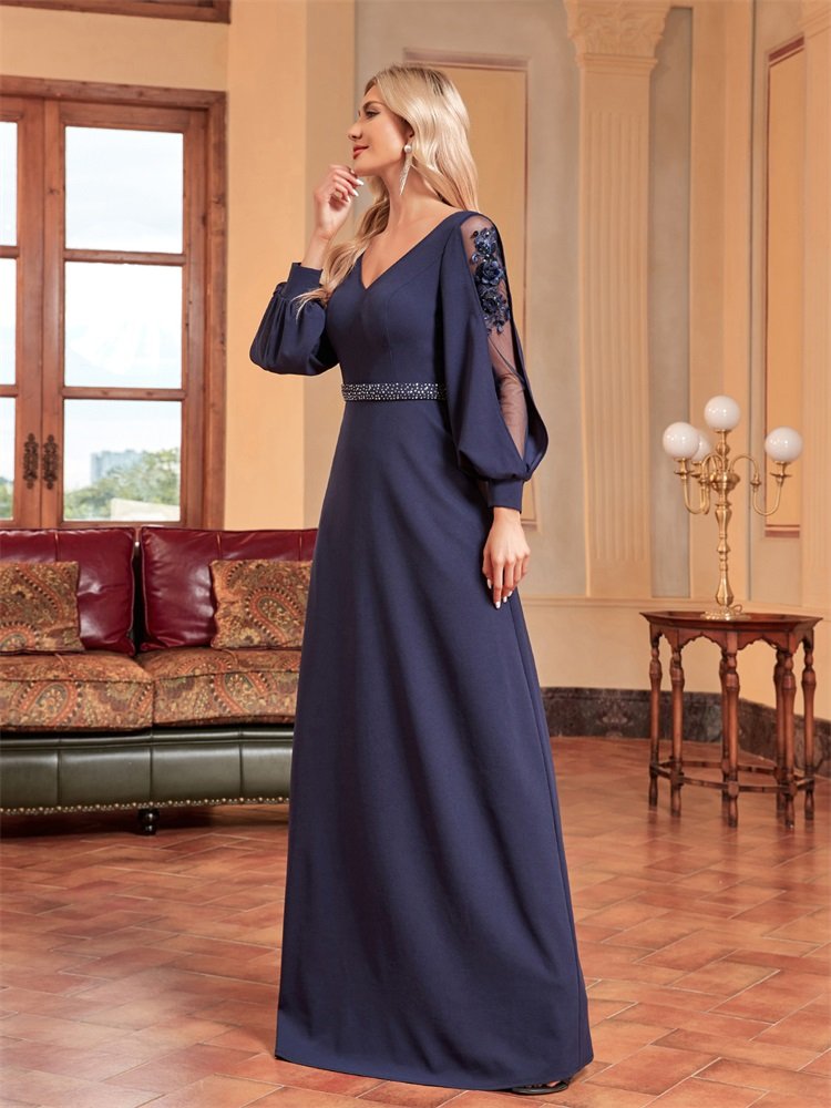 Luxury Long Sleeve Floor-Length Evening Dress – Elegant V-Neck Formal Gown for Prom & Parties