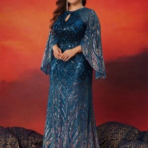 Long Sleeve Blue Sequin Evening Dress – Luxury Formal Floor-Length Gown