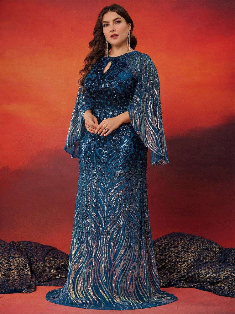 Long Sleeve Blue Sequin Evening Dress – Luxury Formal Floor-Length Gown