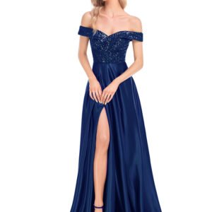 Sequin Royal Off-Shoulder Satin Party Dress – Elegant Prom & Cocktail Gown