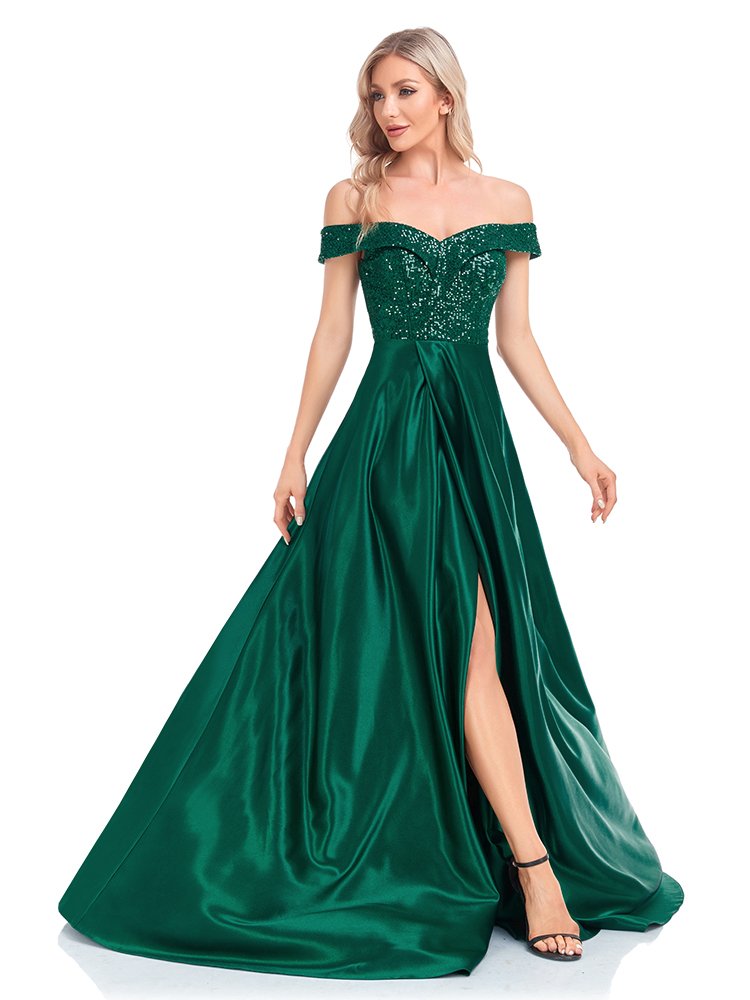 Sequin Royal Off-Shoulder Satin Party Dress – Elegant Prom & Cocktail Gown