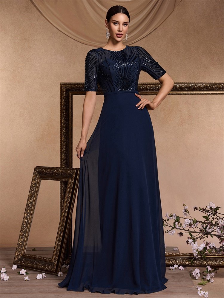 Short Sleeve Sequin Formal Evening Dress – Black Chiffon Mermaid Gown for Prom & Weddings
