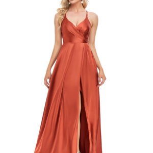 Sexy Backless Evening Dress – V-Neck High Slit Satin Formal Gown for Parties