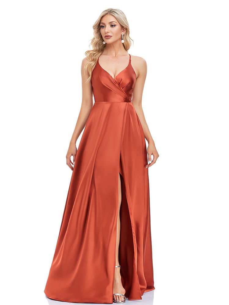 Sexy Backless Evening Dress – V-Neck High Slit Satin Formal Gown for Parties