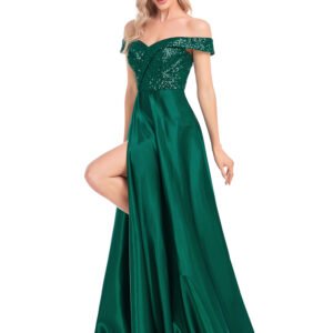 Sequin Royal Off-Shoulder Satin Party Dress – Elegant Prom & Cocktail Gown