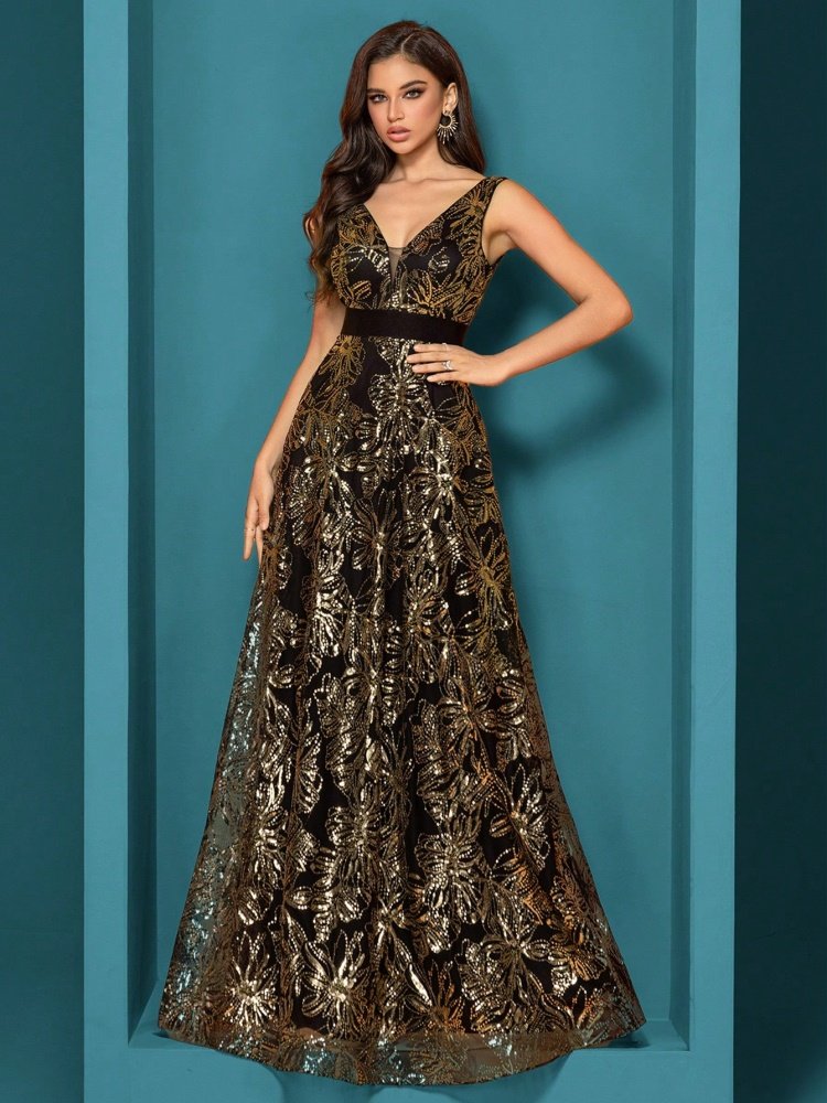 Sexy Deep V-Neck Sequin Evening Dress – Glamorous Formal Gown for Special Occasions