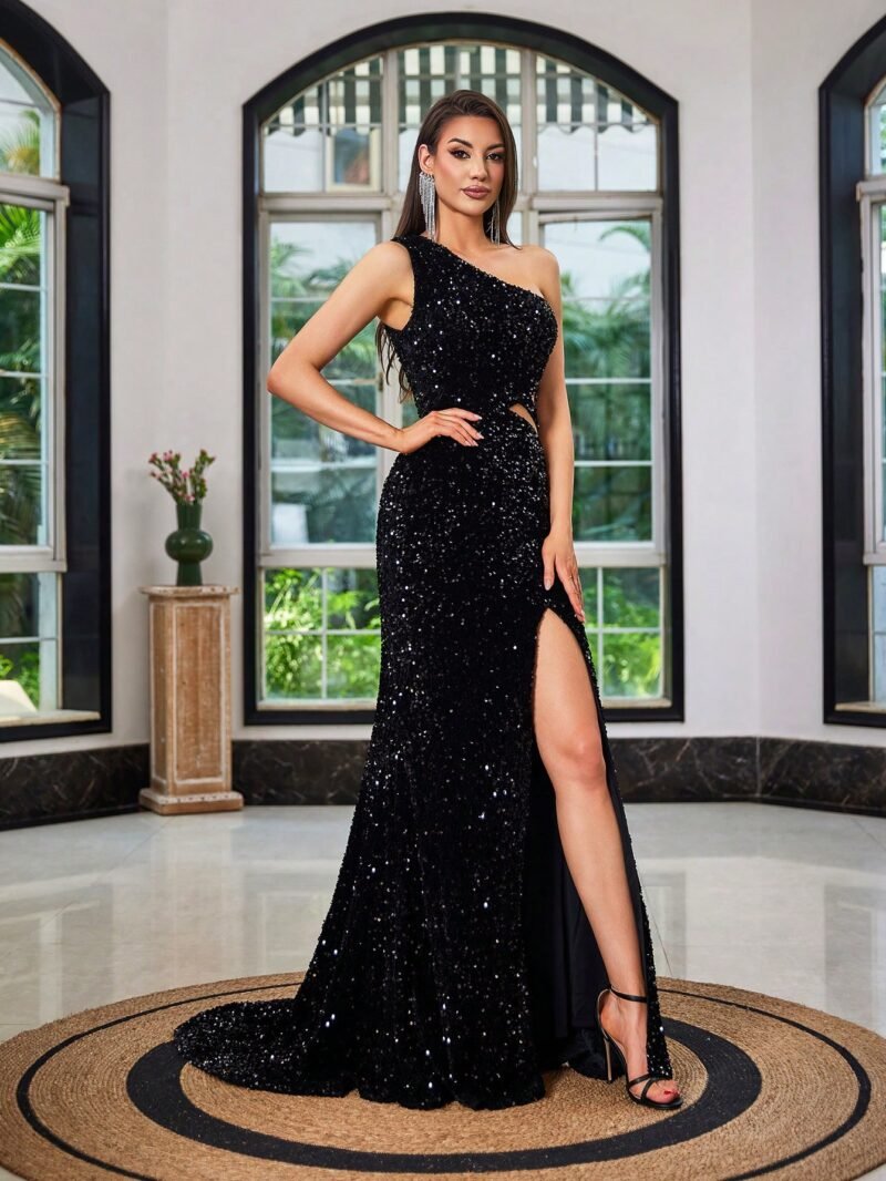 Sexy Black Sequin Embellished Slit Maxi Dress – Evening Party Gown
