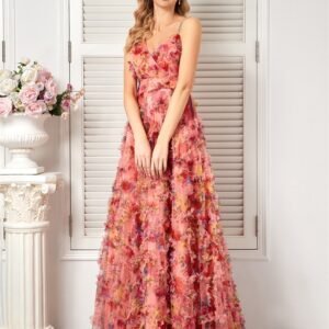 Elegant Pink Floral V-Neck Evening Dress – Floor-Length Bridesmaid & Prom Gown