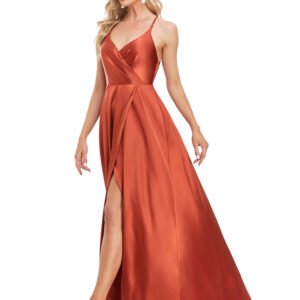 Sexy Backless Evening Dress – V-Neck High Slit Satin Formal Gown for Parties