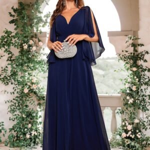 Luxury Chiffon Long Sleeve Navy Evening Dress – Sexy High Split V-Back Formal Gown