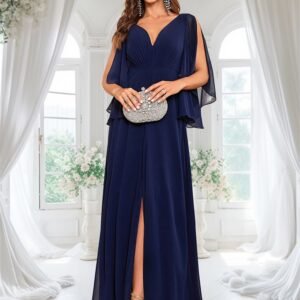 Luxury Chiffon Long Sleeve Navy Evening Dress – Sexy High Split V-Back Formal Gown