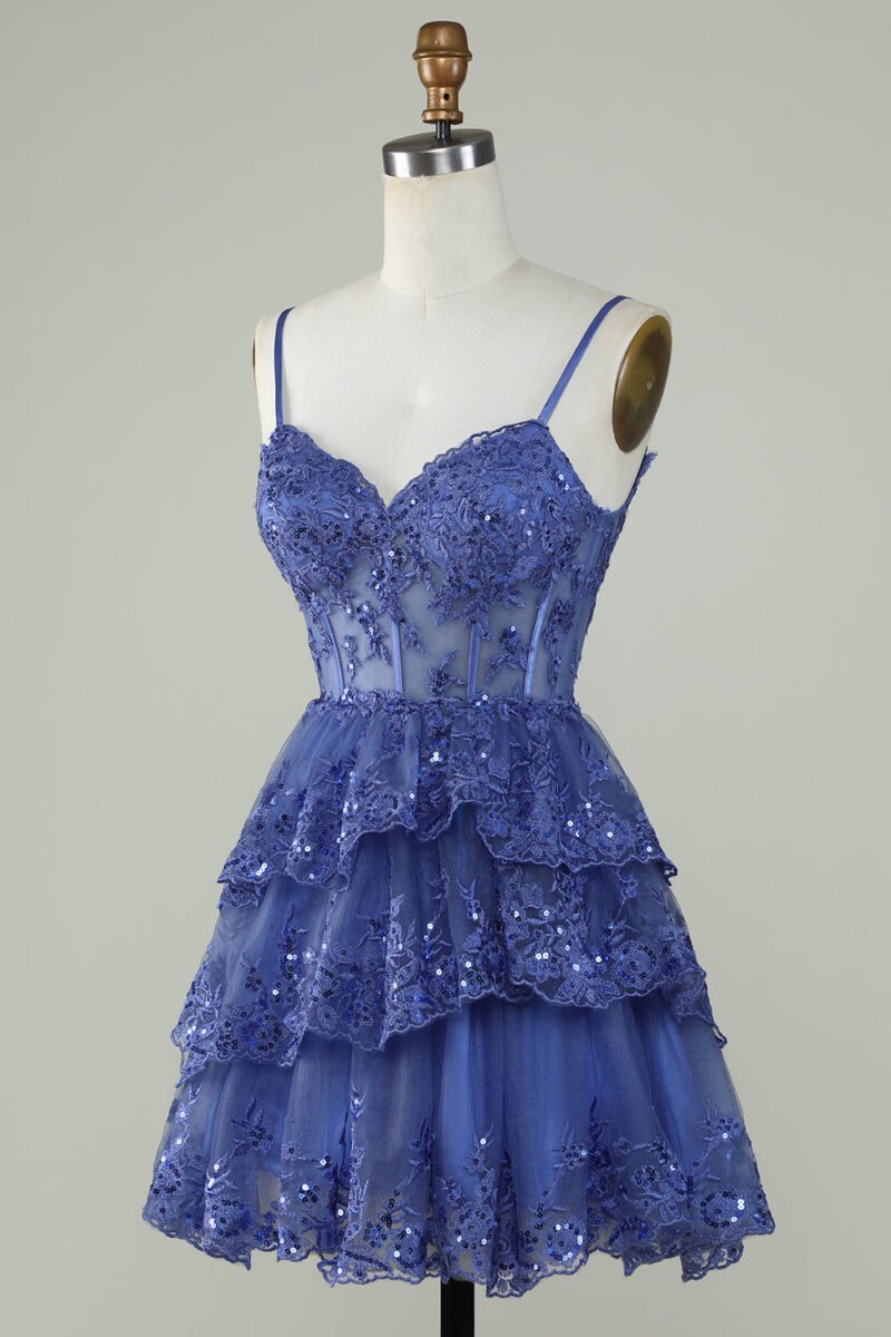 Sweetheart Short Cocktail Dress | Glitter Beads & Tiered Lace