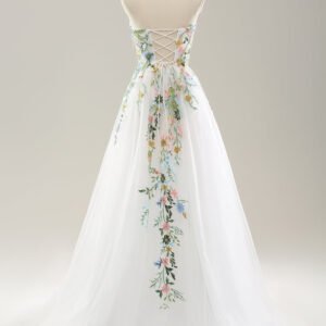 White Strapless 3D Flowers Wedding Dress with Slit – Elegant Bridal Gown