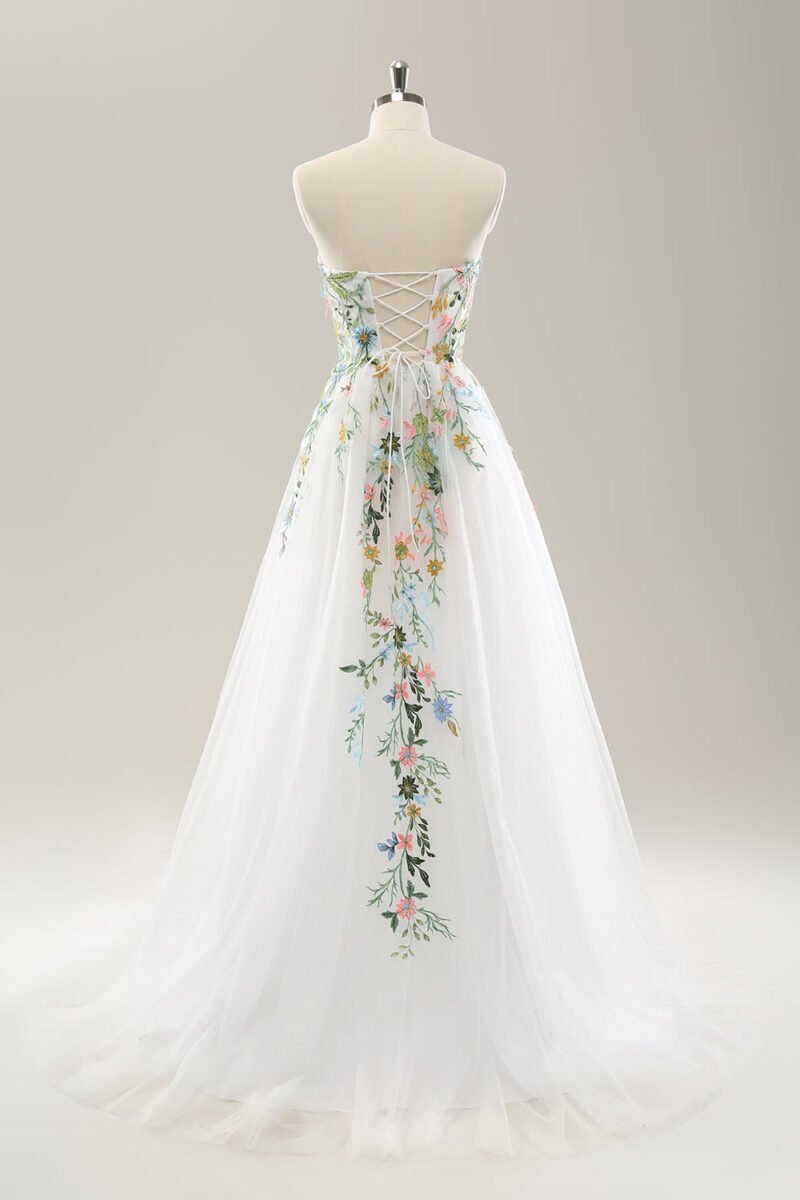 White Strapless 3D Flowers Wedding Dress with Slit – Elegant Bridal Gown
