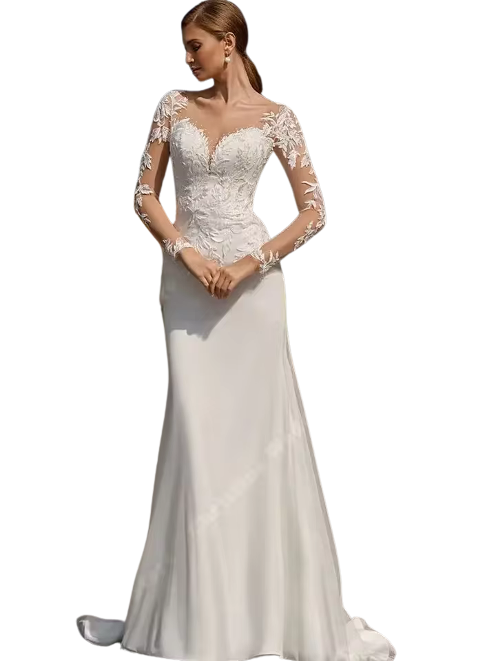 Long Sleeve Mermaid Wedding Dress – V-Neck Lace Appliques Bridal Gown