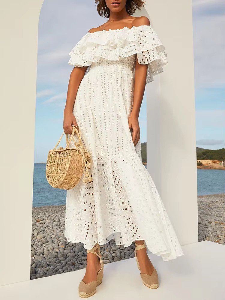 Elegant Embroidered Ruffled Collar Mid-Length Dress – Sexy & Stylish