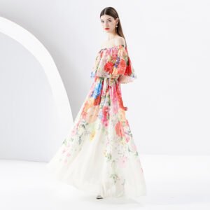 Elegant Floral Ruffled Shoulder Long Dress – Chic & Stylish