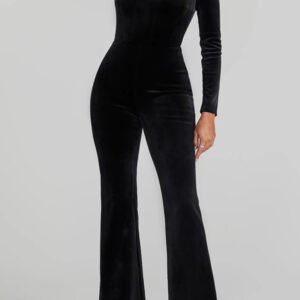 Diamond-Encrusted Velvet Square Neck Jumpsuit – Elegant & Slim-Fit