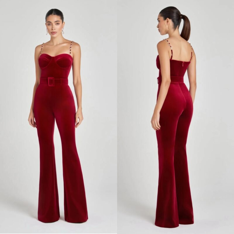 Elegant Velvet Wide-Leg Jumpsuit for Women – Chic & Stylish Outfit