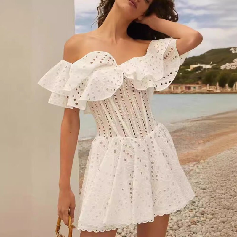 Elegant Embroidery Hollow Waist Slimming Dress – Chic & Flattering