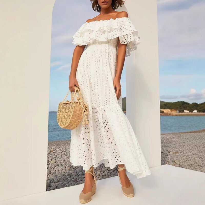 Elegant Embroidered Ruffled Collar Mid-Length Dress – Sexy & Stylish