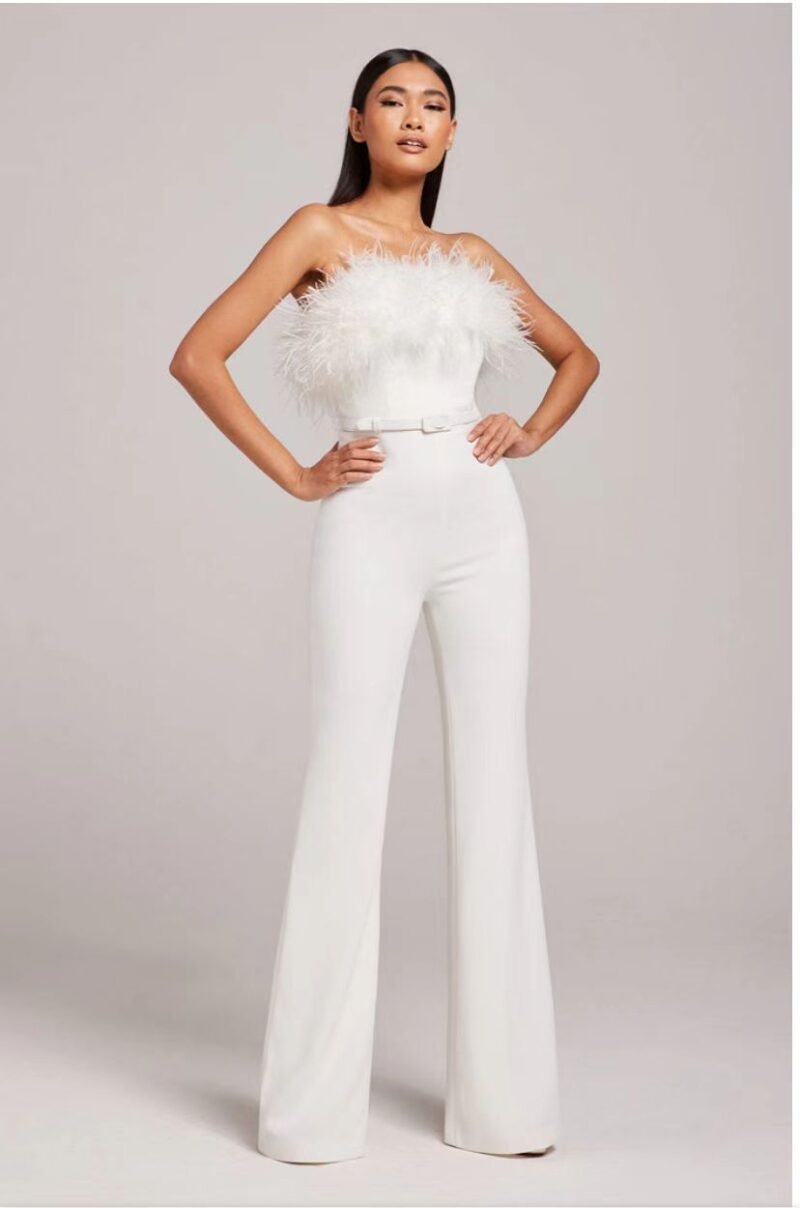 Solid Color Feather Velvet Wide-Leg Jumpsuit – Elegant & Chic Women’s Fashion