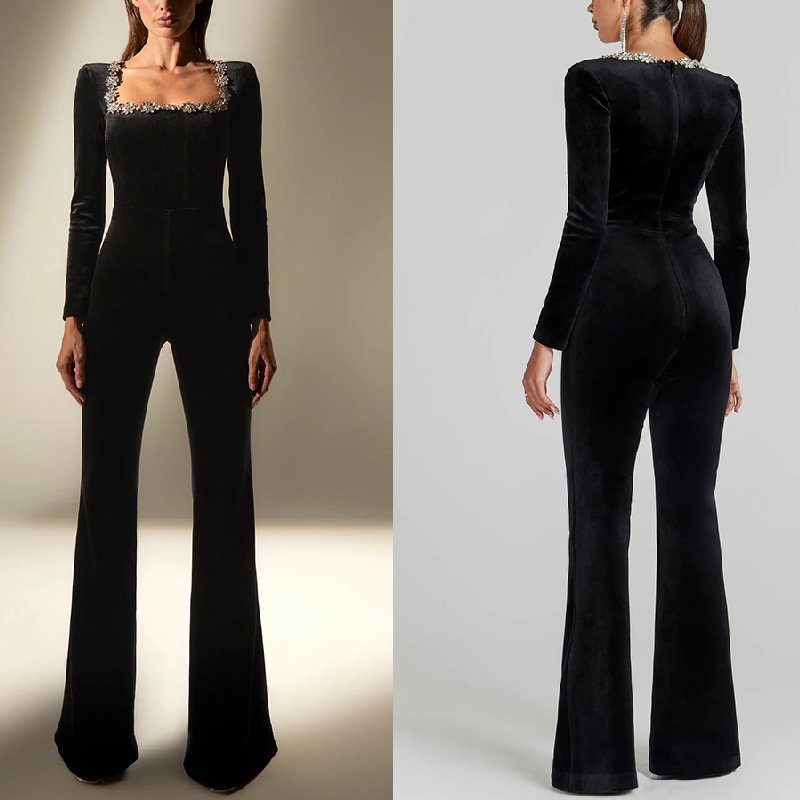 Diamond-Encrusted Velvet Square Neck Jumpsuit – Elegant & Slim-Fit