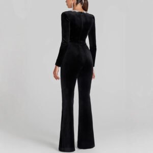 Diamond-Encrusted Velvet Square Neck Jumpsuit – Elegant & Slim-Fit