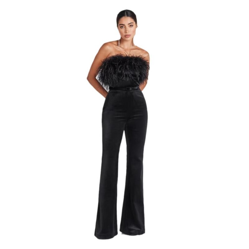 Solid Color Feather Velvet Wide-Leg Jumpsuit – Elegant & Chic Women’s Fashion
