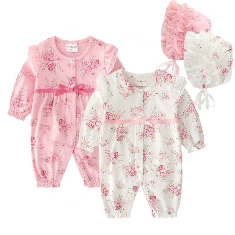 0-18M Baby Girl Lace Sleeve Romper with Headband – Soft Summer Bodysuit