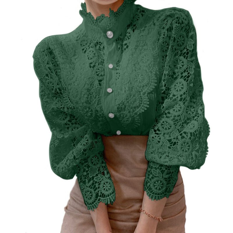 Women's Lace Shirt with Pearl Buttons – Hollow-Out Stand Collar Long Sleeve Blouse