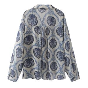 Long-Sleeved Loose Metallic Printed Shirt for Women – Stylish & Trendy Blouse