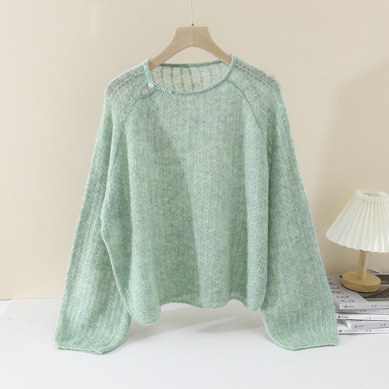 Pearl Buckle Retro Elegant Alpaca Wool Sweater – Sophisticated Women's Knitwear One-Size