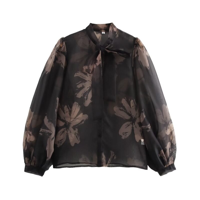 French Loose Slimming Organza Printed Floating Design Shirt – Elegant Women's Top