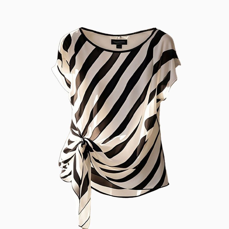 French Style Black & White Striped Chiffon Shirt – Women's Short-Sleeved Loose Summer Top