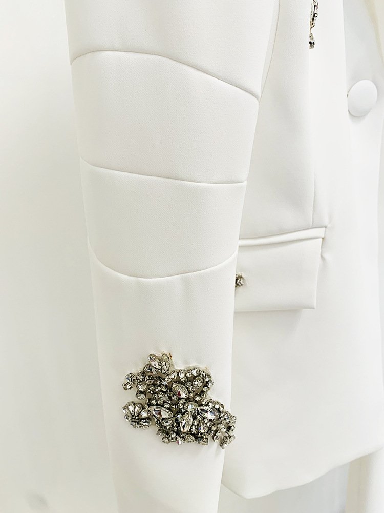 Beaded Diamond Button Suit Jacket & Wide-Leg Pants – Elegant Office Wear