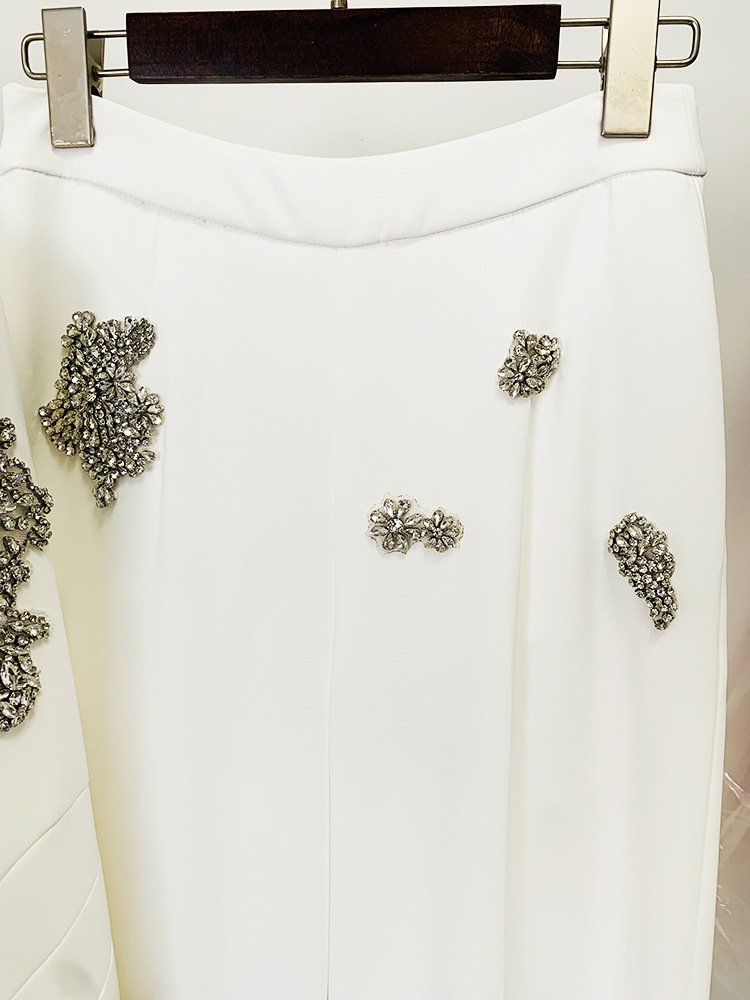 Beaded Diamond Button Suit Jacket & Wide-Leg Pants – Elegant Office Wear