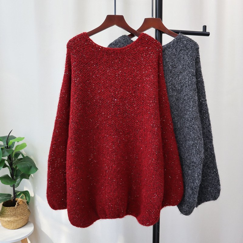 Red Sequin Mid-Length Loose Sweater – High-End Lazy Style Pullover for Women