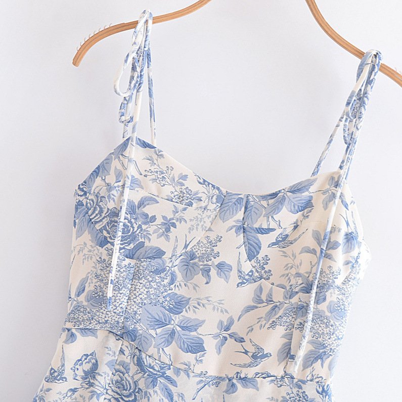 French Retro Floral Print Sling Dress – Sexy Split Holiday Style