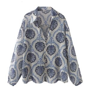 Long-Sleeved Loose Metallic Printed Shirt for Women – Stylish & Trendy Blouse