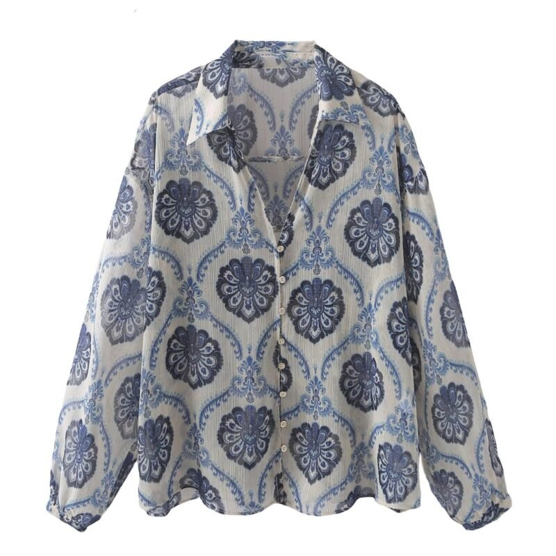 Long-Sleeved Loose Metallic Printed Shirt for Women – Stylish & Trendy Blouse