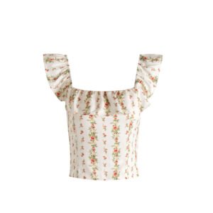 French Retro Pastoral Style Printed Square Collar Flying Sleeve Tube Top