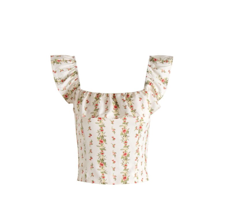 French Retro Pastoral Style Printed Square Collar Flying Sleeve Tube Top