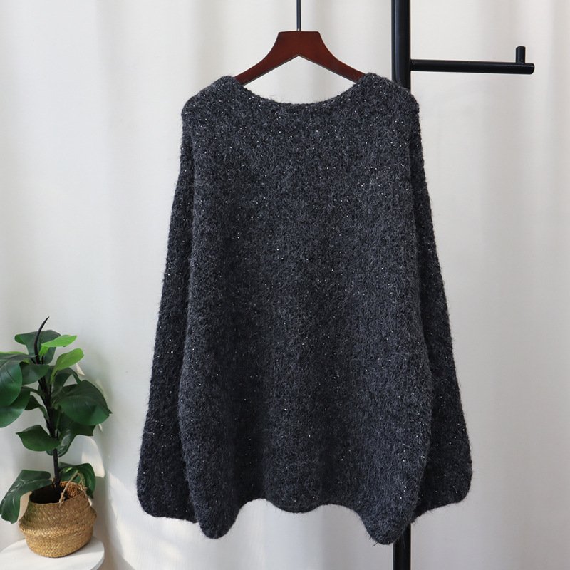 Red Sequin Mid-Length Loose Sweater – High-End Lazy Style Pullover for Women